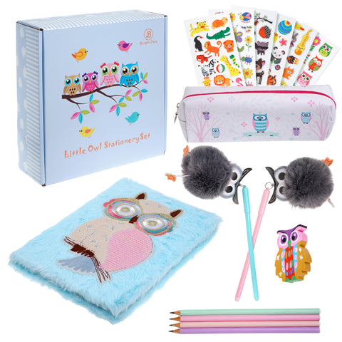 Brightzen Cute Owl Stationery Set – Owl Fur Notebook, Pencil Case, Pom Pens, Pastel Pencils, Eraser and Stickers with Gift Box