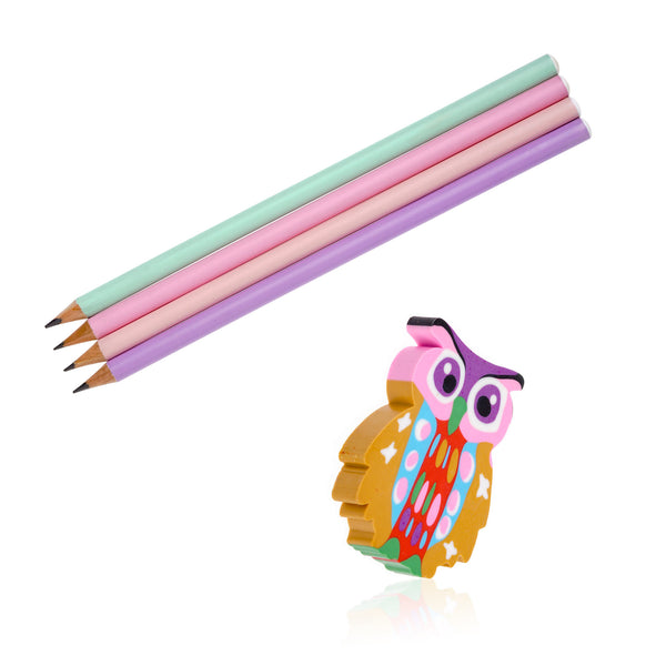 Brightzen Cute Owl Stationery Set – Owl Fur Notebook, Pencil Case, Pom Pens, Pastel Pencils, Eraser and Stickers with Gift Box