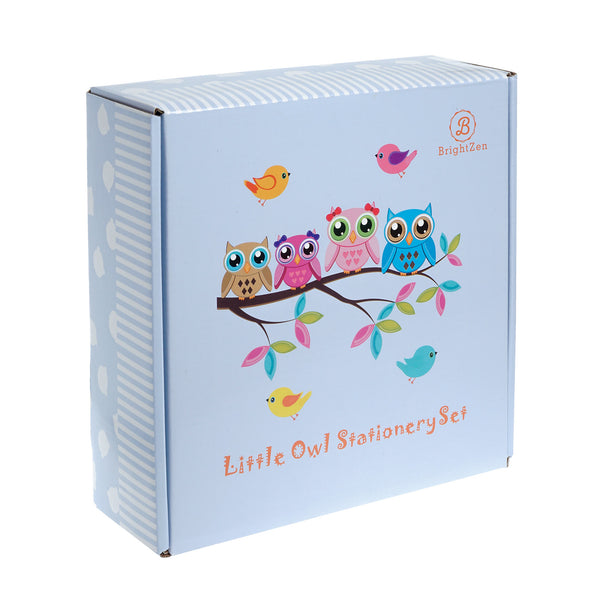 Brightzen Cute Owl Stationery Set – Owl Fur Notebook, Pencil Case, Pom Pens, Pastel Pencils, Eraser and Stickers with Gift Box