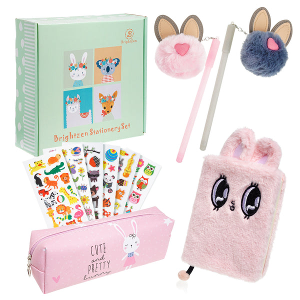 Brightzen Bunny Stationery Set for Girls: Fur Bunny Notebook, Pencil Case, 2 Bunny Pom Pens and 6 Sheets of Stickers!