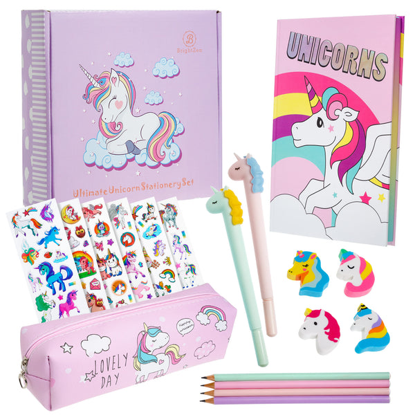 Unicorn Stationery Set for Girls: A5 Rainbow Unicorn Notebook, Pencil Case, 2 Pens, 4 Pencils, 4 Erasers and Stickers