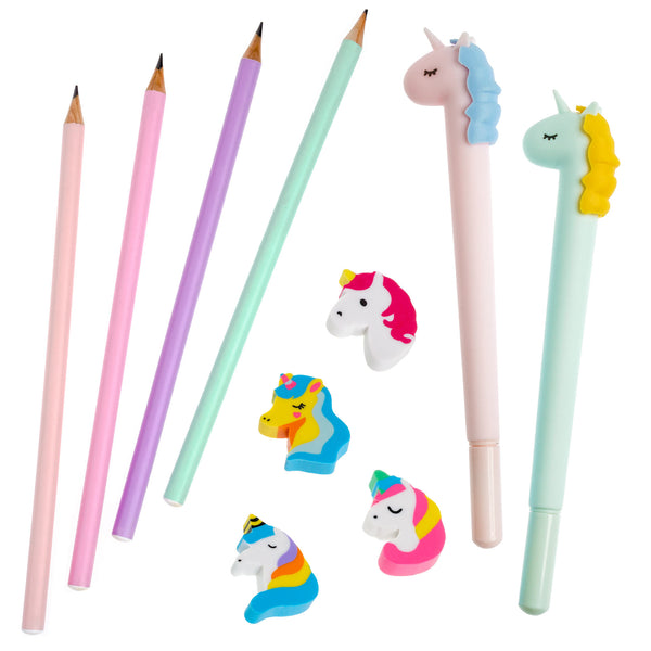 Unicorn Stationery Set for Girls: A5 Rainbow Unicorn Notebook, Pencil Case, 2 Pens, 4 Pencils, 4 Erasers and Stickers